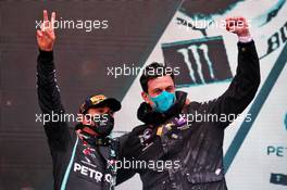 Race winner and World Champion Lewis Hamilton (GBR) Mercedes AMG F1 celebrates on the podium with Toto Wolff (GER) Mercedes AMG F1 Shareholder and Executive Director. 15.11.2020. Formula 1 World Championship, Rd 14, Turkish Grand Prix, Istanbul, Turkey, Race Day.