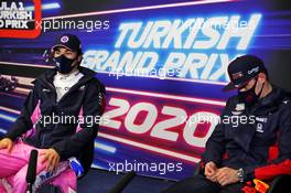 (L to R): Lance Stroll (CDN) Racing Point F1 Team and Max Verstappen (NLD) Red Bull Racing in the post qualifying FIA Press Conference. 14.11.2020. Formula 1 World Championship, Rd 14, Turkish Grand Prix, Istanbul, Turkey, Qualifying Day.