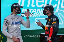 (L to R): pole sitter Lance Stroll (CDN) Racing Point F1 Team with Max Verstappen (NLD) Red Bull Racing in qualifying parc ferme. 14.11.2020. Formula 1 World Championship, Rd 14, Turkish Grand Prix, Istanbul, Turkey, Qualifying Day.