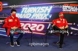(L to R): Charles Leclerc (MON) Ferrari and team mate Sergio Perez (MEX) Racing Point F1 Team in the FIA Press Conference. 12.11.2020. Formula 1 World Championship, Rd 14, Turkish Grand Prix, Istanbul, Turkey, Preparation Day.