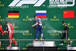 The podium (L to R): Mick Schumacher (GER) PREMA Racing, second; Robert Shwartzman (RUS) PREMA Racing, race winner; Guanyu Zhou (CHN) Uni-Virtuosi Racing, third. 30.08.2020. Formula 2 Championship, Rd 7, Spa-Francorchamps, Belgium, Sunday.