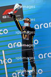 Guanyu Zhou (CHN) Renault F1 Team Test Driver celebrates his third position on the podium. 15.08.2020. FIA Formula 2 Championship, Rd 6, Barcelona, Spain, Saturday.