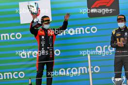 Race winner Nobuharu Matsushita (JPN) MP Motorsport celebrates on the podium. 15.08.2020. FIA Formula 2 Championship, Rd 6, Barcelona, Spain, Saturday.