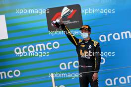 Guanyu Zhou (CHN) Uni-Virtuosi Racing celebrates his third position on the podium. 15.08.2020. FIA Formula 2 Championship, Rd 6, Barcelona, Spain, Saturday.