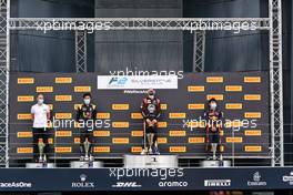 The podium (L to R): Guanyu Zhou (CHN) Uni-Virtuosi Racing, second; Nikita Mazepin (RUS) Hitech, race winner; Yuki Tsunoda (JPN) Carlin, third.                                 01.08.2020. FIA Formula 2 Championship, Rd 4, Silverstone, England, Saturday.