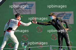 (L to R): Luca Ghiotto (ITA) Hitech celebrates his second position on the podium with third placed Christian Lundgaard (DEN) ART. 05.09.2020. Formula 2 Championship, Rd 8, Monza, Italy, Saturday.