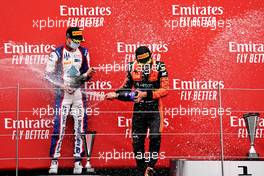(L to R): Lirim Zendeli (GER) Trident celebrates his second position on the podium with race winner Bent Viscaal (NLD) MP Motorsport. 09.08.2020. FIA Formula 3 Championship, Rd 5, Silverstone, England, Sunday.