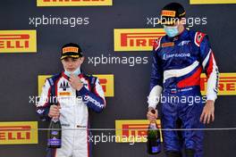 The podium (L to R): sewcond placed David Beckmann (GER) Trident with race winner Alexander Smolyar (RUS) ART.                                02.08.2020. FIA Formula 3 Championship, Rd 4, Silverstone, England, Sunday.