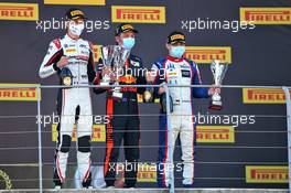 The podium (L to R): Theo Pourchaire (FRA) ART, third; Liam Lawson (NZL) Hitech, race winner; David Beckmann (GER) Trident, second. 13.09.2020. Formula 3 Championship, Rd 9, Mugello, Italy, Sunday.