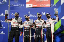 (L to R): Race winners Kamui Kobayashi (JPN), Jose Maria Lopez (ARG), and Mike Conway (GBR) #07 Toyota Gazoo Racing Toyota, celebrate in parc ferme. 14.11.2020. FIA World Endurance Championship, Round 8, Eight Hours of Bahrain, Sakhir, Bahrain, Saturday.