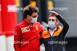 (L to R): Mattia Binotto (ITA) Ferrari Team Principal with Andrea Stella (ITA) McLaren Performance Director. 02.07.2021. Formula 1 World Championship, Rd 9, Austrian Grand Prix, Spielberg, Austria, Practice Day.