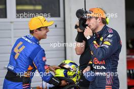 (L to R): Second placed Lando Norris (GBR) McLaren in qualifying parc ferme with pole sitter Max Verstappen (NLD) Red Bull Racing. 03.07.2021. Formula 1 World Championship, Rd 9, Austrian Grand Prix, Spielberg, Austria, Qualifying Day.