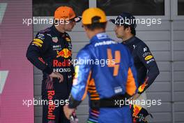 (L to R): Pole sitter Max Verstappen (NLD) Red Bull Racing with Lando Norris (GBR) McLaren and Sergio Perez (MEX) Red Bull Racing. 03.07.2021. Formula 1 World Championship, Rd 9, Austrian Grand Prix, Spielberg, Austria, Qualifying Day.