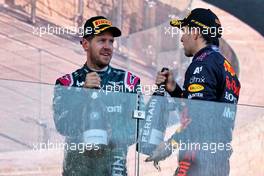 (L to R): Sebastian Vettel (GER) Aston Martin F1 Team celebrates his second position on the podium with race winner Sergio Perez (MEX) Red Bull Racing. 06.06.2021. Formula 1 World Championship, Rd 6, Azerbaijan Grand Prix, Baku Street Circuit, Azerbaijan, Race Day.