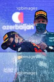 Race winner Sergio Perez (MEX) Red Bull Racing celebrates on the podium. 06.06.2021. Formula 1 World Championship, Rd 6, Azerbaijan Grand Prix, Baku Street Circuit, Azerbaijan, Race Day.