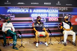 (L to R): Sebastian Vettel (GER) Aston Martin F1 Team; Sergio Perez (MEX) Red Bull Racing; and Pierre Gasly (FRA) AlphaTauri, in the post race FIA Press Conference. 06.06.2021. Formula 1 World Championship, Rd 6, Azerbaijan Grand Prix, Baku Street Circuit, Azerbaijan, Race Day.