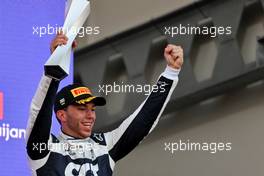 Pierre Gasly (FRA) AlphaTauri celebrates his third position on the podium. 06.06.2021. Formula 1 World Championship, Rd 6, Azerbaijan Grand Prix, Baku Street Circuit, Azerbaijan, Race Day.