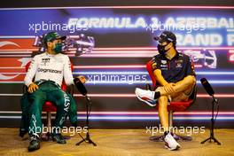 (L to R): Sebastian Vettel (GER) Aston Martin F1 Team and Sergio Perez (MEX) Red Bull Racing in the post race FIA Press Conference. 06.06.2021. Formula 1 World Championship, Rd 6, Azerbaijan Grand Prix, Baku Street Circuit, Azerbaijan, Race Day.