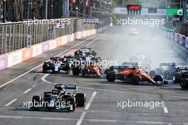 Lewis Hamilton (GBR) Mercedes AMG F1 W12 locks up under braking and runs wide at the restart of the race. 06.06.2021. Formula 1 World Championship, Rd 6, Azerbaijan Grand Prix, Baku Street Circuit, Azerbaijan, Race Day.