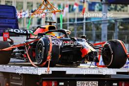 The Red Bull Racing RB16B of race retiree Max Verstappen (NLD) Red Bull Racing is recovered back to the pits on the back of a truck. 06.06.2021. Formula 1 World Championship, Rd 6, Azerbaijan Grand Prix, Baku Street Circuit, Azerbaijan, Race Day.