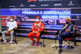 (L to R): Lewis Hamilton (GBR) Mercedes AMG F1; Charles Leclerc (MON) Ferrari; Max Verstappen (NLD) Red Bull Racing, in the post qualifying FIA Press Conference. 05.06.2021. Formula 1 World Championship, Rd 6, Azerbaijan Grand Prix, Baku Street Circuit, Azerbaijan, Qualifying Day.
