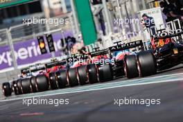 Fernando Alonso (ESP) Alpine F1 Team A521 and Max Verstappen (NLD) Red Bull Racing RB16B at the end of a queue of cars leaving the pits. 05.06.2021. Formula 1 World Championship, Rd 6, Azerbaijan Grand Prix, Baku Street Circuit, Azerbaijan, Qualifying Day.