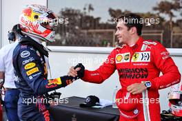 Charles Leclerc (MON) Ferrari (Right) celebrates his pole position in qualifying parc ferme with Max Verstappen (NLD) Red Bull Racing. 05.06.2021. Formula 1 World Championship, Rd 6, Azerbaijan Grand Prix, Baku Street Circuit, Azerbaijan, Qualifying Day.