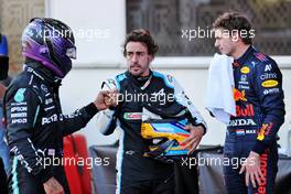 (L to R): Lewis Hamilton (GBR) Mercedes AMG F1 with Fernando Alonso (ESP) Alpine F1 Team and Max Verstappen (NLD) Red Bull Racing in qualifying parc ferme. 05.06.2021. Formula 1 World Championship, Rd 6, Azerbaijan Grand Prix, Baku Street Circuit, Azerbaijan, Qualifying Day.