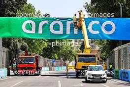 Circuit atmosphere - preparations - Aramco banner. 03.06.2021. Formula 1 World Championship, Rd 6, Azerbaijan Grand Prix, Baku Street Circuit, Azerbaijan, Preparation Day.