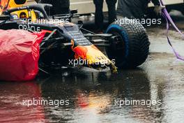 The damaged Red Bull Racing RB16B of Sergio Perez (MEX) Red Bull Racing. 29.08.2021. Formula 1 World Championship, Rd 12, Belgian Grand Prix, Spa Francorchamps, Belgium, Race Day.