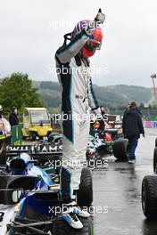George Russell (GBR) Williams Racing FW43B celebrates his second position in qualifying parc ferme. 28.08.2021. Formula 1 World Championship, Rd 12, Belgian Grand Prix, Spa Francorchamps, Belgium, Qualifying Day.