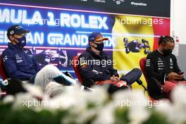 (L to R): George Russell (GBR) Williams Racing; Max Verstappen (NLD) Red Bull Racing; and Lewis Hamilton (GBR) Mercedes AMG F1, in the post qualifying FIA Press Conference. 28.08.2021. Formula 1 World Championship, Rd 12, Belgian Grand Prix, Spa Francorchamps, Belgium, Qualifying Day.