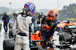 (L to R): George Russell (GBR) Williams Racing celebrates his second position in qualifying parc ferme with pole sitter Max Verstappen (NLD) Red Bull Racing RB16B. 28.08.2021. Formula 1 World Championship, Rd 12, Belgian Grand Prix, Spa Francorchamps, Belgium, Qualifying Day.