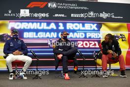 (L to R): George Russell (GBR) Williams Racing; Max Verstappen (NLD) Red Bull Racing; and Lewis Hamilton (GBR) Mercedes AMG F1, in the post qualifying FIA Press Conference. 28.08.2021. Formula 1 World Championship, Rd 12, Belgian Grand Prix, Spa Francorchamps, Belgium, Qualifying Day.