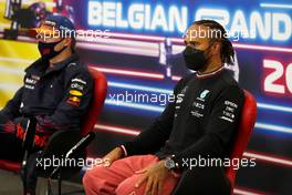 Lewis Hamilton (GBR) Mercedes AMG F1 and Max Verstappen (NLD) Red Bull Racing in the post qualifying FIA Press Conference. 28.08.2021. Formula 1 World Championship, Rd 12, Belgian Grand Prix, Spa Francorchamps, Belgium, Qualifying Day.