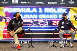 (L to R): Lewis Hamilton (GBR) Mercedes AMG F1 and Sergio Perez (MEX) Red Bull Racing in the FIA Press Conference. 26.08.2021. Formula 1 World Championship, Rd 12, Belgian Grand Prix, Spa Francorchamps, Belgium, Preparation Day.