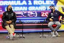 (L to R): Lewis Hamilton (GBR) Mercedes AMG F1 and Sergio Perez (MEX) Red Bull Racing in the FIA Press Conference. 26.08.2021. Formula 1 World Championship, Rd 12, Belgian Grand Prix, Spa Francorchamps, Belgium, Preparation Day.