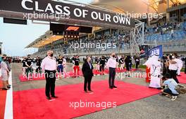 (L to R): Ross Brawn (GBR) Managing Director, Motor Sports; Jean Todt (FRA) FIA President; and Stefano Domenicali (ITA) Formula One President and CEO, on the grid. 28.03.2021. Formula 1 World Championship, Rd 1, Bahrain Grand Prix, Sakhir, Bahrain, Race Day.