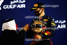 Max Verstappen (NLD) Red Bull Racing celebrates his second position on the podium. 28.03.2021. Formula 1 World Championship, Rd 1, Bahrain Grand Prix, Sakhir, Bahrain, Race Day.