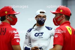 Pierre Gasly (FRA) AlphaTauri with Carlos Sainz Jr (ESP) Ferrari and Charles Leclerc (MON) Ferrari in the FIA Press Conference. 25.03.2021. Formula 1 World Championship, Rd 1, Bahrain Grand Prix, Sakhir, Bahrain, Preparation Day.