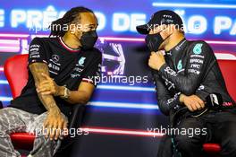 (L to R): Lewis Hamilton (GBR) Mercedes AMG F1 and Valtteri Bottas (FIN) Mercedes AMG F1 in the post race FIA Press Conference. 14.11.2021. Formula 1 World Championship, Rd 19, Brazilian Grand Prix, Sao Paulo, Brazil, Race Day.