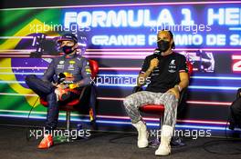 (L to R): Max Verstappen (NLD) Red Bull Racing and Lewis Hamilton (GBR) Mercedes AMG F1 in the post race FIA Press Conference. 14.11.2021. Formula 1 World Championship, Rd 19, Brazilian Grand Prix, Sao Paulo, Brazil, Race Day.
