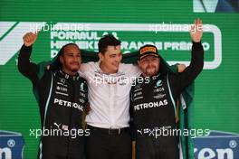 1st place Lewis Hamilton (GBR) Mercedes AMG F1 W12 with  3rd place Valtteri Bottas (FIN) Mercedes AMG F1 and Leonardo Donisete da Silva (BRA) Mercedes AMG F1 Team Strategy Engineer. 14.11.2021. Formula 1 World Championship, Rd 19, Brazilian Grand Prix, Sao Paulo, Brazil, Race Day.