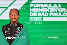 Race winner Lewis Hamilton (GBR) Mercedes AMG F1 celebrates on the podium. 14.11.2021. Formula 1 World Championship, Rd 19, Brazilian Grand Prix, Sao Paulo, Brazil, Race Day.