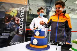 Lando Norris (GBR) McLaren celebrates his 22nd birthday with a cake. 13.11.2021. Formula 1 World Championship, Rd 19, Brazilian Grand Prix, Sao Paulo, Brazil, Sprint Race Day.