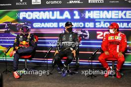 (L to R): Max Verstappen (NLD) Red Bull Racing; Valtteri Bottas (FIN) Mercedes AMG F1; and Carlos Sainz Jr (ESP) Ferrari, in the post Sprint FIA Press Conference. 13.11.2021. Formula 1 World Championship, Rd 19, Brazilian Grand Prix, Sao Paulo, Brazil, Sprint Race Day.