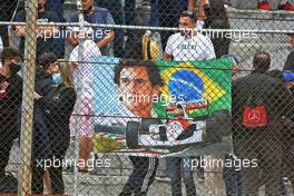 Circuit atmosphere - banner for Ayrton Senna with fans in the grandstand. 13.11.2021. Formula 1 World Championship, Rd 19, Brazilian Grand Prix, Sao Paulo, Brazil, Sprint Race Day.