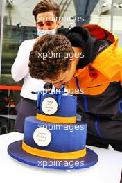 Lando Norris (GBR) McLaren celebrates his 22nd birthday with a cake. 13.11.2021. Formula 1 World Championship, Rd 19, Brazilian Grand Prix, Sao Paulo, Brazil, Sprint Race Day.