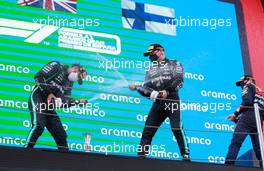 (L to R): Race winner Lewis Hamilton (GBR) Mercedes AMG F1 celebrates on the podium with  team mate Valtteri Bottas (FIN) Mercedes AMG F1. 09.05.2021. Formula 1 World Championship, Rd 4, Spanish Grand Prix, Barcelona, Spain, Race Day.