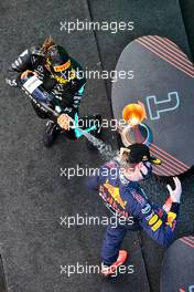 Race winner Lewis Hamilton (GBR) Mercedes AMG F1 celebrates on the podium with third placed Max Verstappen (NLD) Red Bull Racing. 09.05.2021. Formula 1 World Championship, Rd 4, Spanish Grand Prix, Barcelona, Spain, Race Day.
